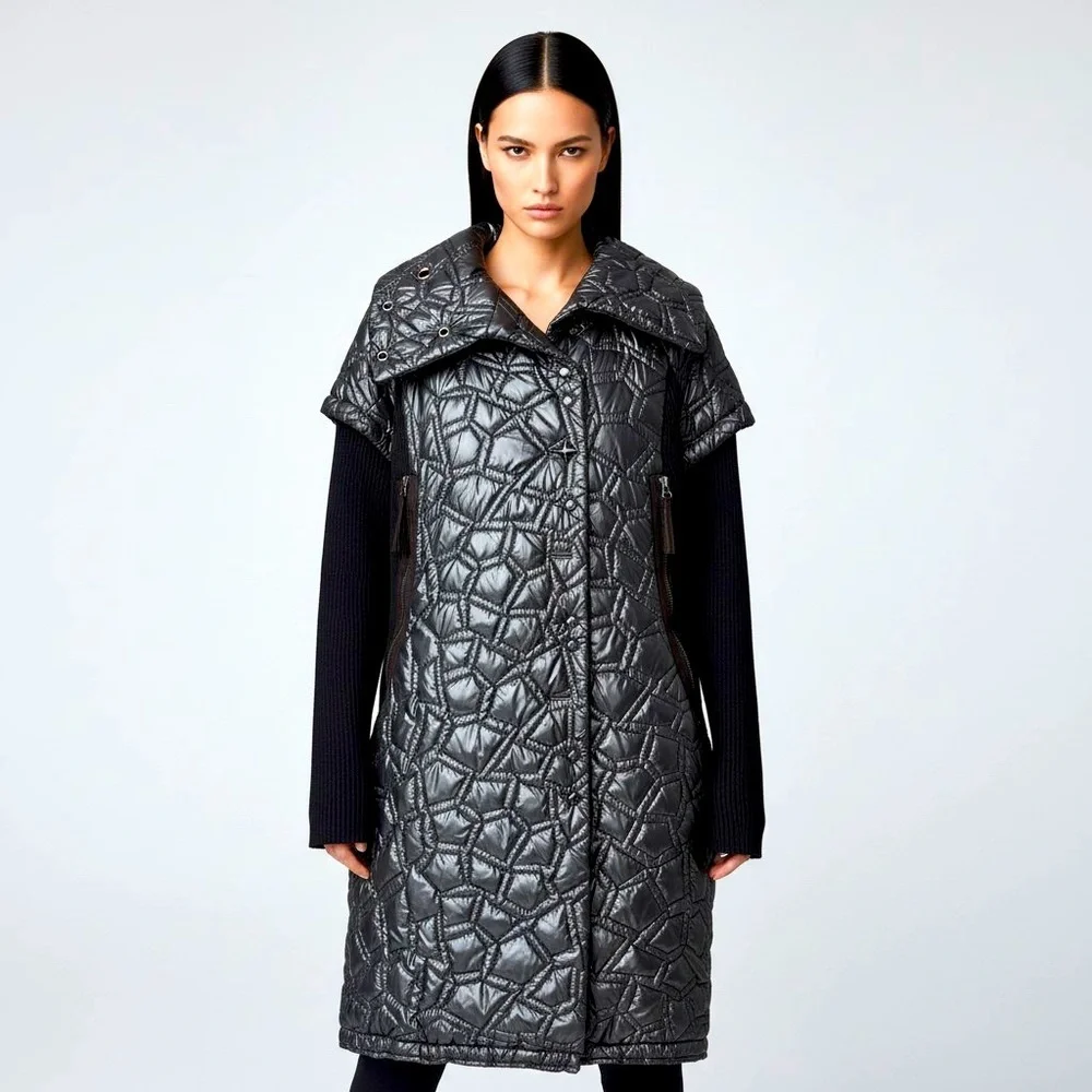 Laflamme Fourrure Gunmetal Quilted Long Coat Jacket Knit Sleeve Size M - Picture 5 of 5